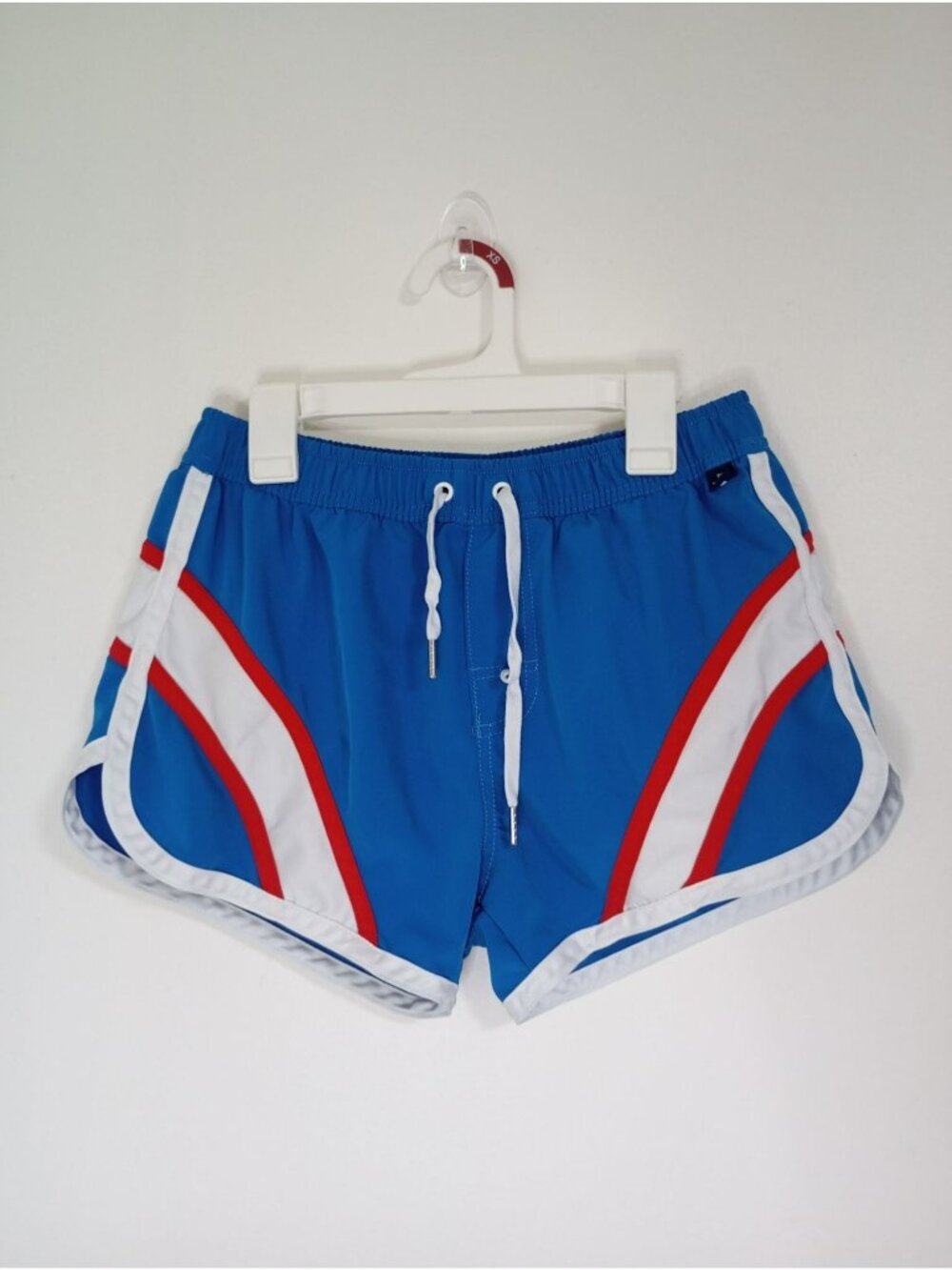 Andrew Christian Blue Swim Shorts Red White Stripes Drawstring Waist Mens Sz M